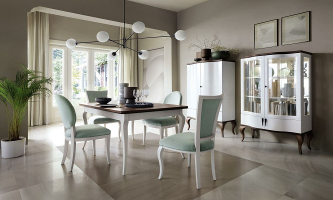 Esszëmmer Garnitur Set Klassesch Dësch 4x Still Vitrine Kommode 7tlg