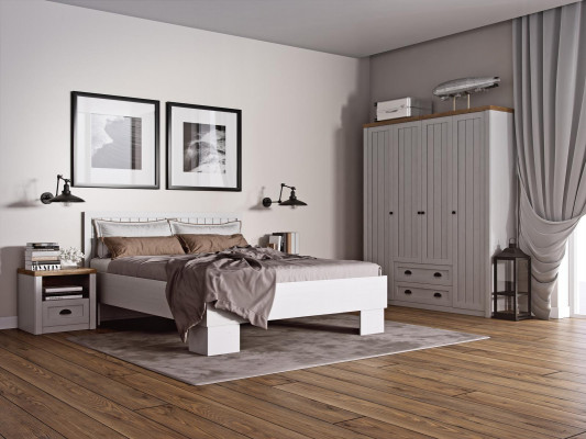Bett Nuetsdësch Kommod Kleederschaf 4-Stéck Schlofzëmmer Set Design Artdeco Landhaus
