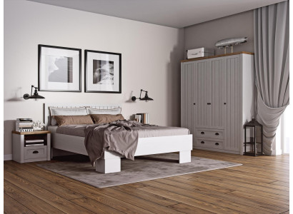 Bett Nuetsdësch Kommod Kleederschaf 4-Stéck Schlofzëmmer Set Design Artdeco Landhaus