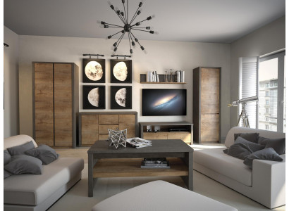 Wunnwand Wunnzëmmer Set Vitrin Lowboard Wandregal TV Dësch 6 Deeler Garnitur Neij.