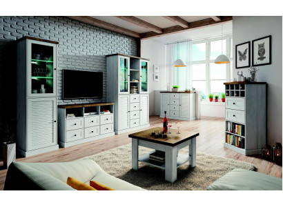 Wunnwand Wunnzëmmer Set Vitrine Lowboard Wandregal 3-Teile Set Wunnwänn Holz Nei