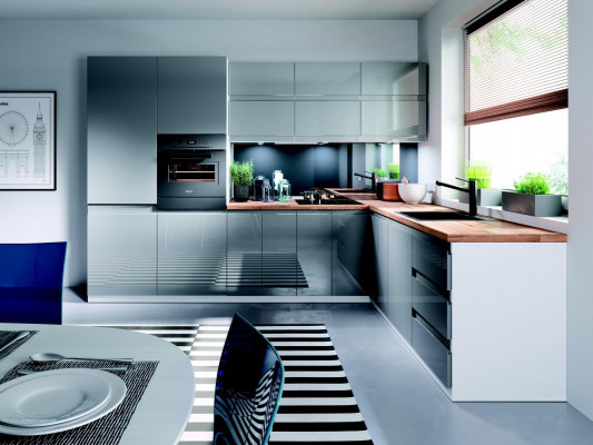 Modern Kichen L Linn Kicheschaf Design Miwwelen Moosfabrikatioun Kichenzeil Gro
