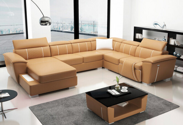 U-Form Ecksofa Sofa Couch Polster Garnitur Lieder Textil Stoff