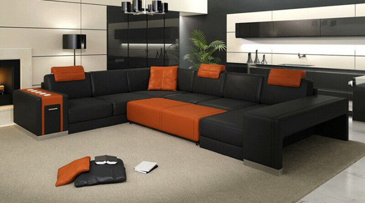 Ecksofa Sofa Wunnlandschaft U Form Polstersofa Ledercouch Hocker