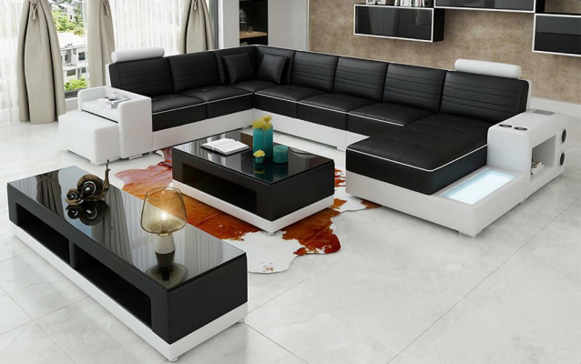 Eckcouch U-Form Sideboard Kaffisdësch Canapé Design Schwaarz Polster Lieder Modern.