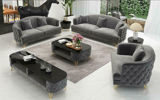 Sofa-Garnitur Set 3+2+1 Sëtz Couchtisch Sideboard Garnitur Design Modern 7 Deeler