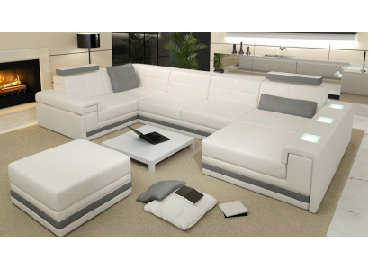 Ecksofa Sofa Wunnlandschaft U-Form Polster Couch Ledersofa + Schemel