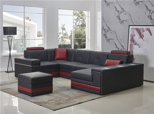 Ecksofa Sofa Wunnlandschaft U-Form Polster Couch Ledersofa + Schemel