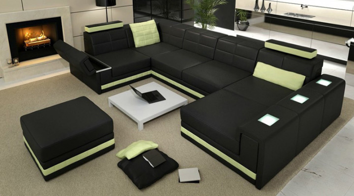 Ecksofa Sofa Wunnlandschaft U-Form Polster Couch Ledersofa + Schemel