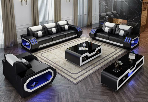 Wunnlandschaft L Form Ecke-Sofa + Coupe-Dësch + Säitebord Design
