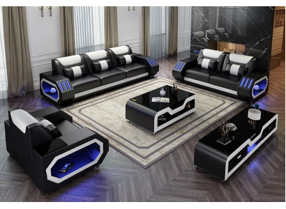 Wunnlandschaft L Form Ecke-Sofa + Coupe-Dësch + Säitebord Design