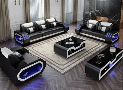 Wunnlandschaft L Form Ecke-Sofa + Coupe-Dësch + Säitebord Design