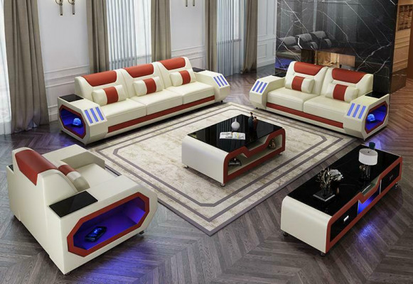 Wunnlandschaft L Form Ecke-Sofa + Coupe-Dësch + Säitebord Design