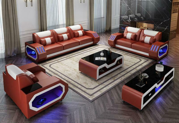 Wunnlandschaft L Form Ecke-Sofa + Coupe-Dësch + Säitebord Design