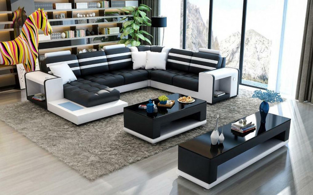 Eckcouch Polster Eckcouch U-Form Couchtisch Sideboard Ledersofa Wunnlandschaft