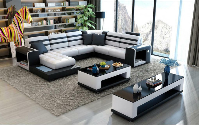 Eckcouch Polster Eckcouch U-Form Couchtisch Sideboard Ledersofa Wunnlandschaft