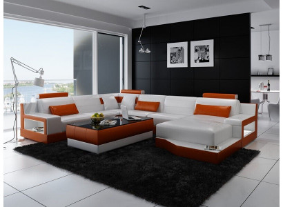 Ecksofa Sofa Wohnlandschaft U Form gepolstert Couch Ledersofa Wäiss