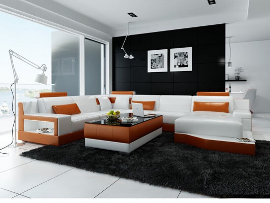 Ecksofa Sofa Wohnlandschaft U Form gepolstert Couch Ledersofa Wäiss