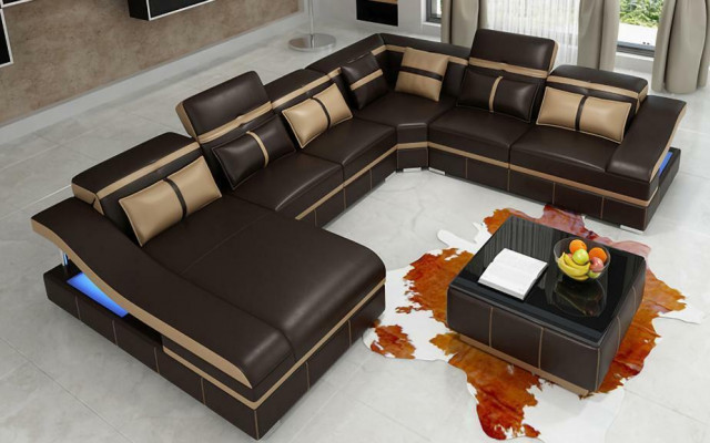 Set Luxus Modern Ecksofa U-Form Designer an Dësch Lounge Wunnzëmmer