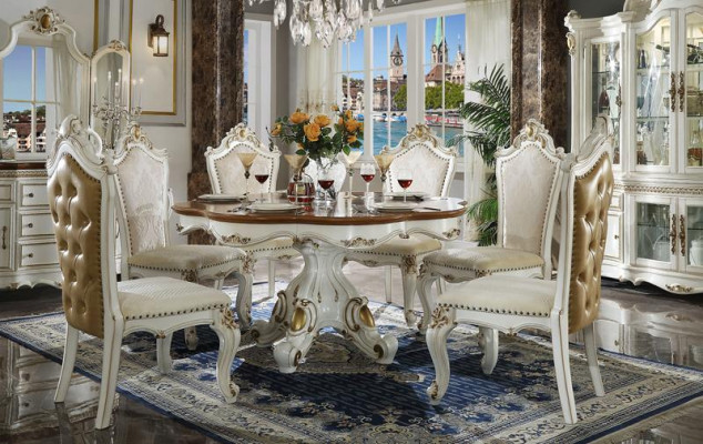 Klassesch Wäiss-Brong Iesszëmmer Garnitur Ronnen Holz Iessdësch mat Chesterfield Still 5tlg. Set