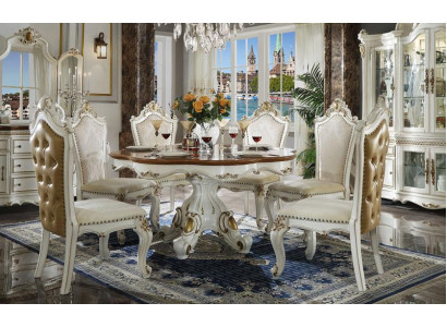 Klassesch Wäiss-Brong Iesszëmmer Garnitur Ronnen Holz Iessdësch mat Chesterfield Still 5tlg. Set