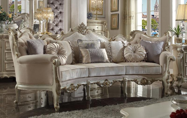 Exklusiv Holz geschnëtzte Véiersëtzer XXL Couch Barock Rokoko Textilsofa