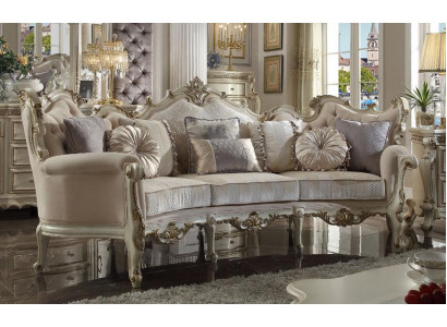 Exklusiv Holz geschnëtzte Véiersëtzer XXL Couch Barock Rokoko Textilsofa