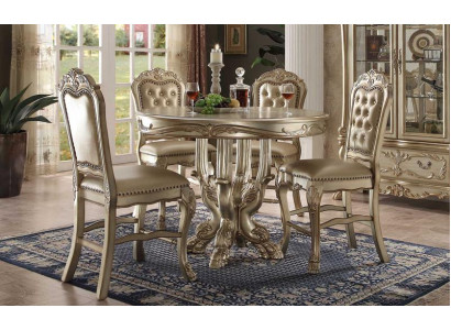 Klassesche ronnen Gold-Iessdësch Esstisch Sall Chesterfield x4 Still 5tlg. Set