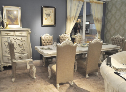 Altwäiss Iesszëmmer Garnitur grousse Iessdësch mat Lieder Chesterfield Still