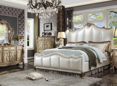 Schlofzëmmer Nuetstëscher Set Bett 5 Deeler Rokoko Barock Antik Stil Bett Holz