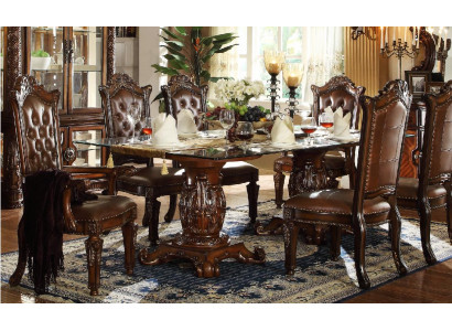 Braunen klasseschen Iessdësch mat Lieder Chesterfield Still 7-Deel Set