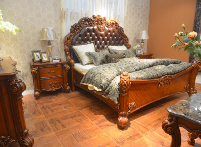 Schlofzëmmer Set Bett + 2x Nuetsdësch Chesterfield Holz Lieder Better Polster