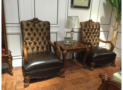 Wunnzëmmer Set 2x Fotell+Niewendësch Tisch Sofa Couch Chesterfield