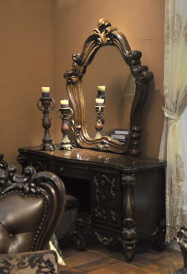 Handgeschnëtzte Barock Still Möbelen Schminktisch Hocker Spigel Schlofkummer Kommode 3-Stéck-Set