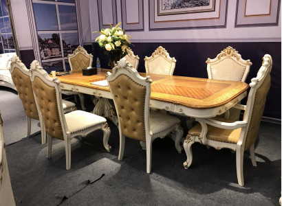 Wäiss-brong Iesszëmmergarnitur Groussen Iessdësch mat Liederstillen