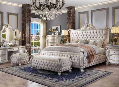 Schlofzëmmer Set Bett Nuetsdësch Schminktisch Spigel Hocker Chesterfield