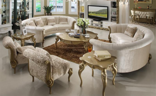 Design Sofasett 4+4 Sëtzer Beistell Dësch Ronn Sofa Gepolstert Klassesch Sofae Nei