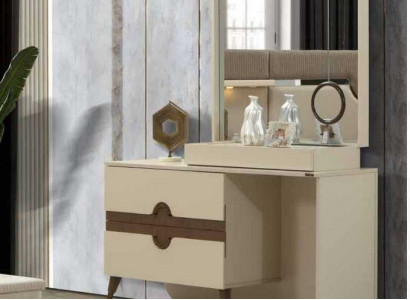 Beige Schminktisch mat Spigel Schlofkummer Miwweldesign Konsol Neien