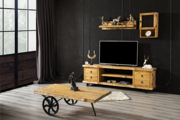 Wunnwand aus echt Holz Luxus a Braun mat Rollenduchttisch Rustikal Schaf.