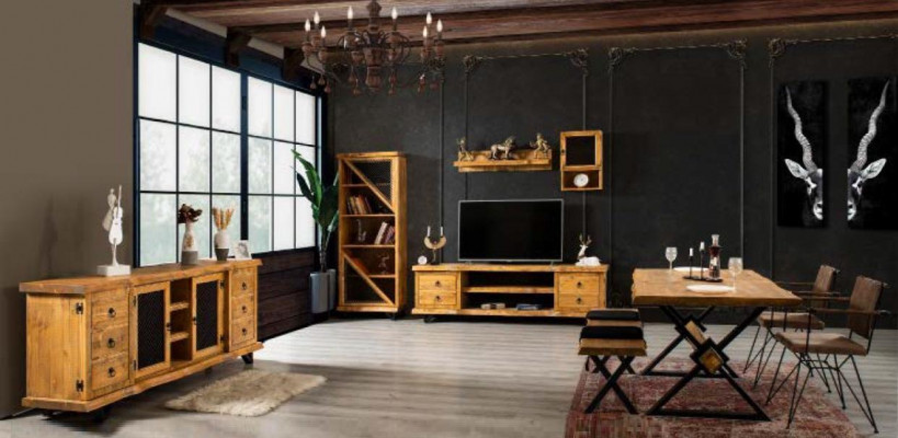 Wunnwand aus echt Holz Luxus a Braun mat Rollenduchttisch Rustikal Schaf.