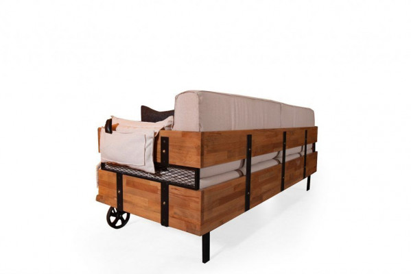 Dreiplaz Sofa aus der Grënnerzäit Couch Loft Design Sëtzpolster Beige Stoff Textil