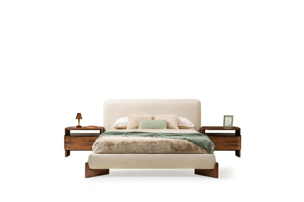 Schlofzëmmer-Garnitur Duebelbett Bett Nuecht-Dëscher Set 3 Deeler Wäiss Design