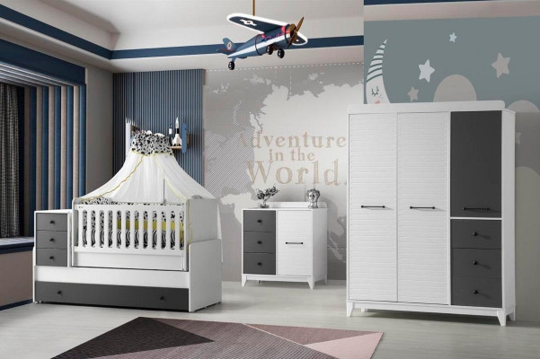 Modern Kannerzëmmer Set Besteet aus Kannerbett Schaf Kommoud 3tlg nei