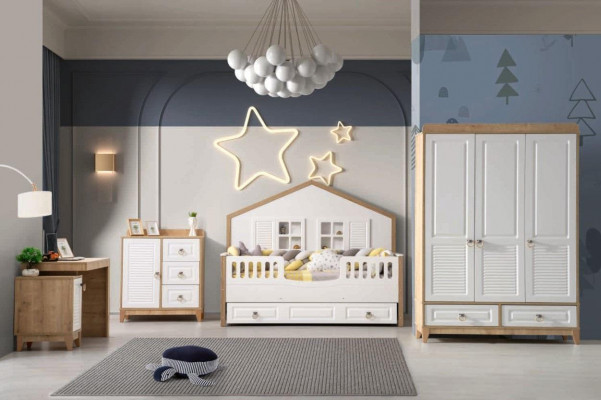 Modern Kannerzëmmer Set Bett Kleederschaf Schreifdësch Helleg 4tlg Nei