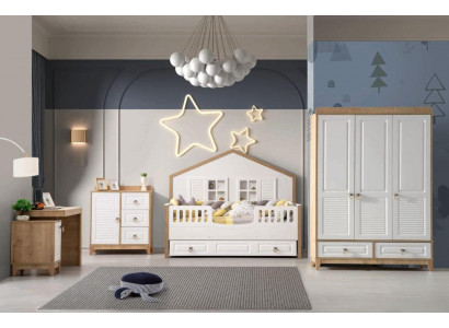 Modern Kannerzëmmer Set Bett Kleederschaf Schreifdësch Helleg 4tlg Nei