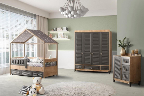 Grau Jugendzëmmer Set Kannerzëmmer Kommode Schaf a Bett 3 Deeler.