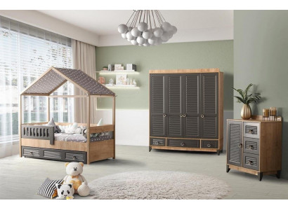 Grau Jugendzëmmer Set Kannerzëmmer Kommode Schaf a Bett 3 Deeler.