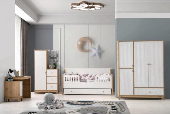 Stilvoll Kannerzëmmer Set Bett 2x Kleedermaart Schreifdësch Wäiss 5tlg