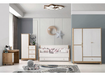 Stilvoll Kannerzëmmer Set Bett 2x Kleedermaart Schreifdësch Wäiss 5tlg