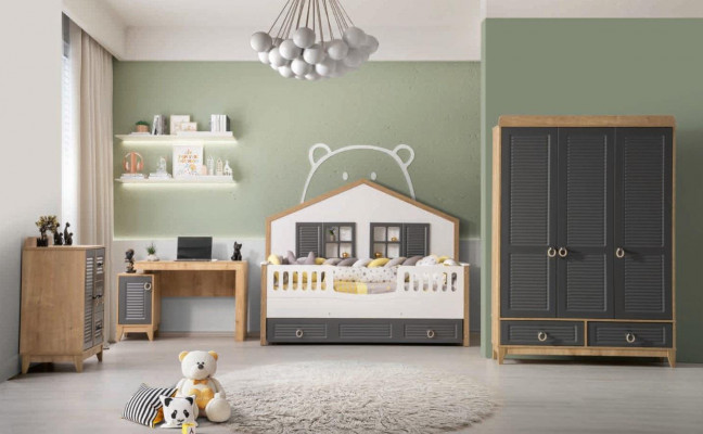 luxuriéis komplett Kannerschéiermiwwel Bett Holz Set 4-teileg Kannerzëmmer Gro